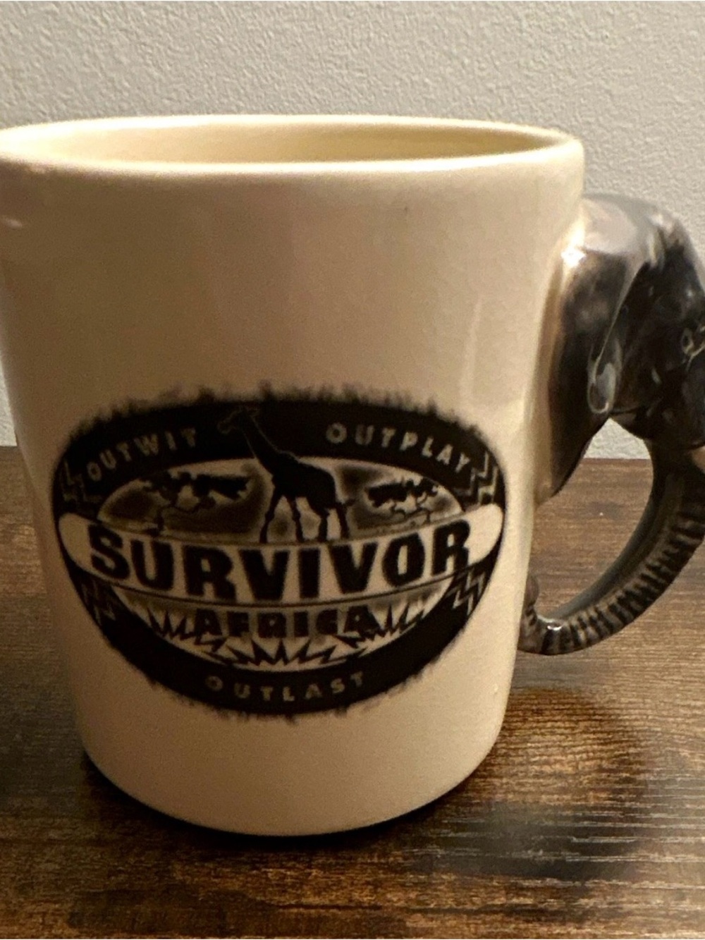 Survivor Africa Ceramic Coffee Mug White/Black Elephant Handle Made in USA